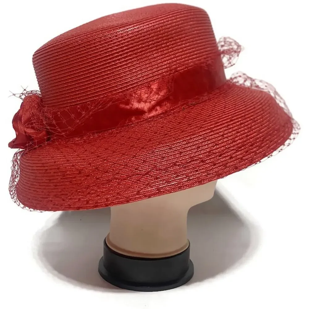 Vintage August Women's Red Derby Hat Polypropylene Dress Hat RN#80934 7x7.5